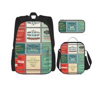 WURTON Ensemble sac à dos imprimé avec dictons Sac à dos avec sac à déjeuner Trousse à crayons Ensemble de cartables