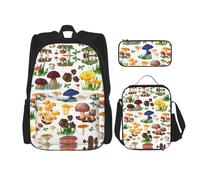 WURTON Ensemble sac à dos imprimé champignon peinture japonaise sac à dos d'école sac à déjeuner trousse combinaison cartables ensemble