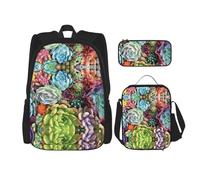 WURTON Ensemble sac à dos, sac à déjeuner, trousse à crayons, sac à dos avec motif de plantes succulentes