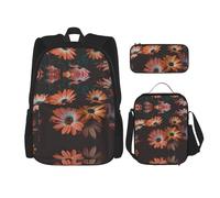 WURTON Ensemble sac à dos, sac à déjeuner, trousse à crayons, sac à dos et sac à bandoulière réglable, motif chrysanthème orange