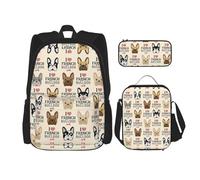 WURTON I Love Sac à dos 3 en 1 avec imprimé bouledogue français, sac à dos, trousse à crayons, sac de voyage pour ordinateur portable, noir, taille unique, Noir , Taille unique
