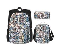 WURTON Sac à dos 3 en 1 avec imprimé galets colorés de plage, sac à dos, boîte à déjeuner, trousse à crayons, sac de voyage pour ordinateur portable, noir, taille unique, Noir , Taille unique