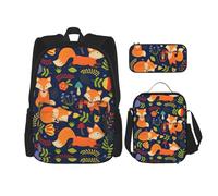WURTON Sac à dos 3 en 1 avec motif animal mignon et renard avec imprimé floral, sac à dos, sac à déjeuner, trousse à crayons, noir, One Size