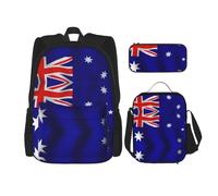 WURTON Sac à dos 3 en 1 avec motif drapeau australien, sac à dos, boîte à déjeuner, trousse à crayons, sac de voyage pour ordinateur portable, noir, One Size