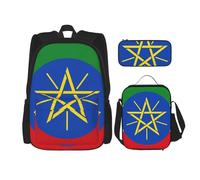 WURTON Sac à dos 3 en 1 avec motif drapeau de l'Éthiopie - Sac à dos à bandoulière - Boîte à déjeuner - Trousse à crayons - Sac de voyage pour ordinateur portable, Noir , Taille unique