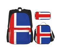 WURTON Sac à dos 3 en 1 avec motif drapeau de l'Islande - Sac à dos à bandoulière - Boîte à déjeuner - Trousse à crayons - Sac à dos de voyage pour ordinateur portable - Noir - Taille unique, Noir ,