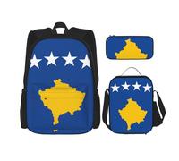 WURTON Sac à dos 3 en 1 avec motif drapeau du Kosovo - Sac à dos à bandoulière - Boîte à déjeuner - Trousse à crayons - Sac de voyage pour ordinateur portable, Noir , Taille unique