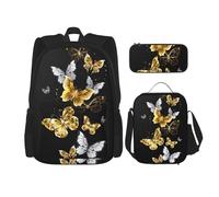 WURTON Sac à dos 3 en 1 avec motif papillons dorés et blancs - Style décontracté - Réglable - Sac à déjeuner - Trousse à crayons, noir, One Size