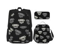 WURTON Sac à dos 3 en 1 avec motif tête de bouledogue américain - Sac à dos à bandoulière - Boîte à déjeuner - Trousse à crayons - Sac de voyage pour ordinateur portable, noir, One Size