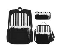 WURTON Sac à dos 3 en 1 imprimé piano - Style décontracté - Réglable - Sac à déjeuner - Trousse à crayons, noir, One Size