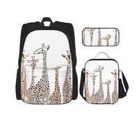 WURTON Sac à dos à bandoulière 3 en 1 avec imprimé girafes sauvages - Boîte à déjeuner - Trousse à crayons - Sac à dos de voyage pour ordinateur portable - Noir - Taille unique, Noir , Taille unique