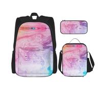 WURTON Sac à dos à bandoulière 3 en 1 avec imprimé marbré coloré rose bleu violet pastel sac à dos à livres boîte à déjeuner trousse de voyage pour ordinateur portable