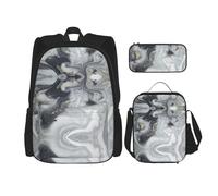 WURTON Sac à dos à bandoulière 3 en 1 avec imprimé marbre oriental - Sac à dos à bandoulière - Boîte à déjeuner - Trousse à crayons - Sac à dos de voyage pour ordinateur portable - Noir - Taille
