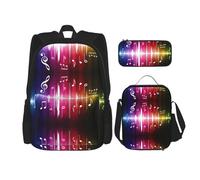 WURTON Sac à dos à bandoulière 3 en 1 avec imprimé musique, sac à dos, boîte à déjeuner, trousse à crayons, sac de voyage pour ordinateur portable, noir, One Size