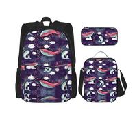 WURTON Sac à dos à bandoulière 3 en 1 avec motif baleine, sac à déjeuner, trousse à crayons, sac de voyage pour ordinateur portable