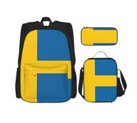 WURTON Sac à dos à bandoulière 3 en 1 avec motif drapeau suédois, sac à dos, boîte à déjeuner, trousse à crayons, sac de voyage pour ordinateur portable, noir, taille unique, Noir , Taille unique