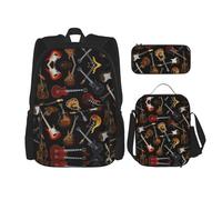 WURTON Sac à dos à bandoulière 3 en 1 imprimé guitares avec boîte à déjeuner, trousse à crayons, sac de voyage pour ordinateur portable, noir, taille unique, Noir , Taille unique