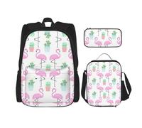 WURTON Sac à dos d'école 3 en 1 avec boîte à déjeuner, trousse à crayons, sac à dos pour ordinateur portable et voyage Motif flamant rose, Noir , Taille unique