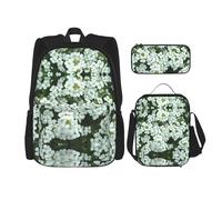 WURTON Sac à dos d'école 3 en 1 avec boîte à déjeuner, trousse à crayons, sac de voyage pour ordinateur portable Motif fleurs blanches