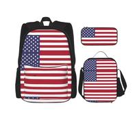 WURTON Sac à dos d'école 3 en 1 imprimé drapeau américain avec boîte à déjeuner, trousse à crayons, sac de voyage pour ordinateur portable