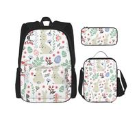 WURTON Sac à dos d'école 3 en 1 imprimé fleurs, lapins, oiseaux, sac à dos avec boîte à déjeuner, trousse à crayons, sac de voyage pour ordinateur portable