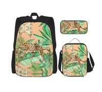 WURTON Sac à dos d'école 3 en 1 imprimé léopard et feuilles de palmier avec boîte à déjeuner, trousse à crayons, sac de voyage pour ordinateur portable