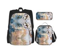 WURTON Sac à dos d'école 3 en 1 imprimé marbre avec boîte à déjeuner, trousse à crayons, sac de voyage pour ordinateur portable