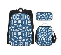 WURTON Sac à dos d'école 3 en 1 imprimé vie sous-marine avec boîte à déjeuner, trousse à crayons, sac de voyage pour ordinateur portable, Noir , Taille unique