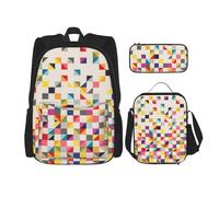 WURTON Sac à dos d'écolier 3 en 1 avec sac à dos triangulaire imprimé géométrique avec boîte à déjeuner, trousse à crayons, sac de voyage pour ordinateur portable