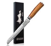 Wusaki - Couteau à Pain Design Japonais lame damas 20cm en acier 10Cr manche en bois d'olivier - vendu dans un coffret cadeau