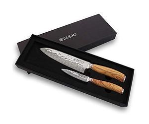 Wusaki Damas 10Cr Coffret de 2 couteaux de cuisine : santoku + couteau d'office - Lames damassées et manches en bois d'olivier