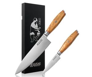 Wusaki Fujiko - Coffret 2 couteaux Chef + Office design japonais lame damas 10CR manche en bois d'olivier