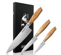 Wusaki Fujiko - Coffret 3 couteaux Chef + Office + Universel design japonais lames damas 10CR manches en bois d'olivier