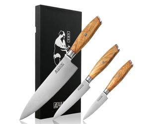 Wusaki Fujiko - Coffret 3 couteaux Chef + Office + Universel design japonais lames damas 10CR manches en bois d'olivier