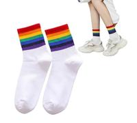 WUSJCOF 1 paire Chaussettes Pride Sport, Blanc Homme Femme, Chaussettes Originales Multicolore, Fierté LGBT, Drapeau Gay, Gay Pride, Chaussette Mi Haute Homme, LGBT Accessoires (Blanc, Arc-en-ciel)