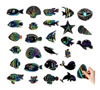 WUSJCOF 27 Feuilles Images à Gratter, Papier Animaux Marins, Carte, Peinture Arc-en-Ciel, Papier à Gratter Bricolage pour Enfant, Petits Cadeaux pour Invités d'Anniversaire, Pochette Surprise