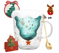 WUSUPU Tasse de Noël Verres à Double avec Sapin de Noël 3D - Tasses en Verre de 300 ml,asse à café de Noëls,incl.Tasse à café en verre à double paroi,Sous-verre,Cartes & Pendentin Renne