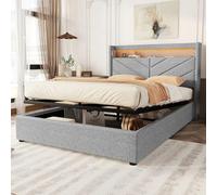 Wuudi Lit capitonné 140 x 190 cm, sans matelas, éclairage d'ambiance avec télécommande, lit hydraulique, avec USB et chaîne stéréo, lin, gris