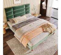 Wuudi Lit double capitonné avec sommier à lattes 140 x 200 cm - Cadre de lit rembourré avec tête de lit - En velours vert foncé - Pour adultes et adolescents (matelas non inclus)