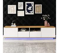 Wuudi Meuble TV bas LED - Meuble TV industriel - Meuble TV moderne - Blanc - 180 cm