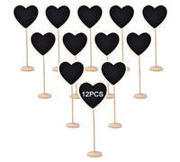 WUUDWALK Lot de 12 mini tableaux noirs en forme de cœur avec support pour tableau à messages, panneaux en bois, petits tableaux noirs, étiquettes de mariage, numéros, marque-places