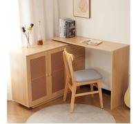 WUVRIE Bureau d'angle pivotant 126 cm avec rangement, 2 portes cannage, 3 tiroirs, MDF, effet bois naturel