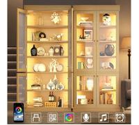 WUVRIE Vitrine haute 80 x 40 x 180 cm avec LED intégrée, 4 portes vitrées, aspect bois naturel