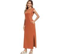 WUWUSKY Robe Longue d'été pour Femme sans Manches à Col Rond Décontractées Cocktail Robes avec 2 Poches Latérales, Brique Jaune, XL