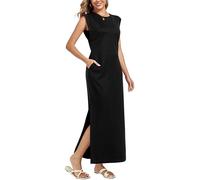 WUWUSKY Robe longue sans manches pour femme avec col rond et fente latérale - Robe décontractée élégante avec deux poches, Noir 01, L