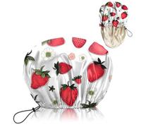 Wuxiuxiu Bonnet de douche luxueux avec doublure en satin, réutilisable, imperméable, élastique double couche, bonnet de douche réglable, mignon et beau, couleur fraise pour femmes et filles