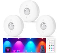WUYOR Lot de 3 spots LED RVB sans fil à intensité variable avec télécommande - 13 couleurs - Minuterie - Éclairage de vitrine LED avec batterie - Blanc