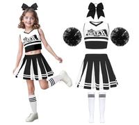 Wuzfully Costume de pom pom girl avec pompons et bandeau pour cheveux Uniforme de pom pom girl Carnaval Anniversaire Halloween Cosplay Fêtes, 3-15 ans
