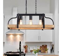 WUZUPS 3-Light métal Pot Suspendu Rack Lustre Imitation Bois Clair Grain linéaire Suspension plafonnier luminaire Rustique Ferme luminaire Cuisine îlot Salle à Manger, h25 x l63 x w30, Noir