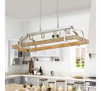 WUZUPS 4-Light Metal Pot Hanging Rack Chandelier Imitation Light Wood Grain Linear Pendant Ceiling Lighting Rustic Farmhouse Fixture Kitchen Island Dining Room, H25 x L88 x W30, E27 Base, Nickel